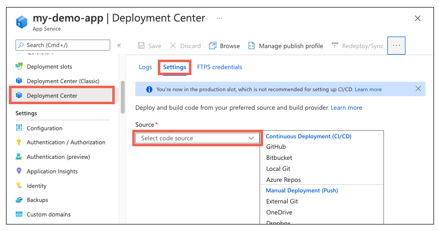 settings deployment center
